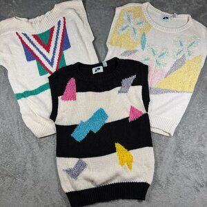 VTG 80s Retro Pastel Abstract Sweater Vest Lot Women’s L 3-Piece Colorblock Knit